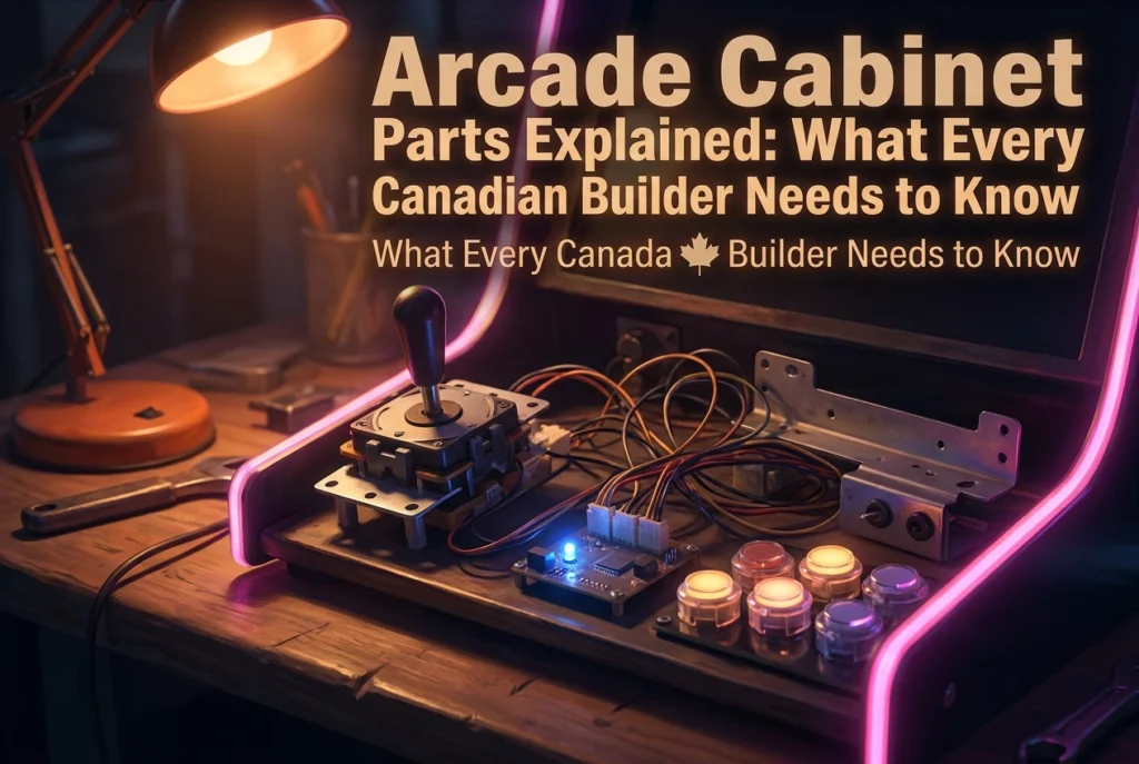 Professional header image for list-based article: Arcade Cabinet Parts Explained: What Every Canadian Build...