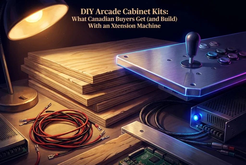 Professional header image for educational tutorial: DIY Arcade Cabinet Kits: What Canadian Buyers Get (and Bu...