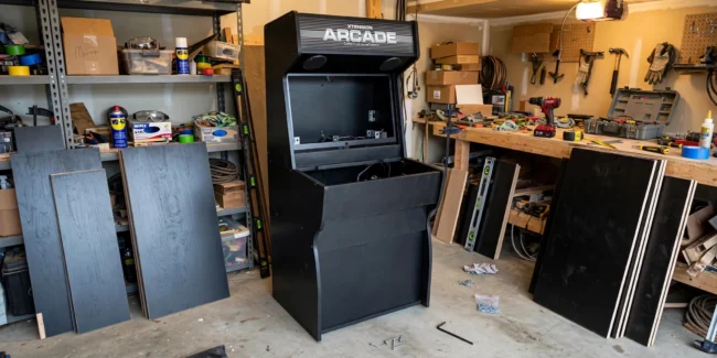 Xtension arcade cabinet being assembled