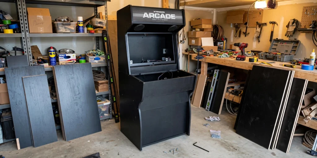 Xtension arcade cabinet being assembled