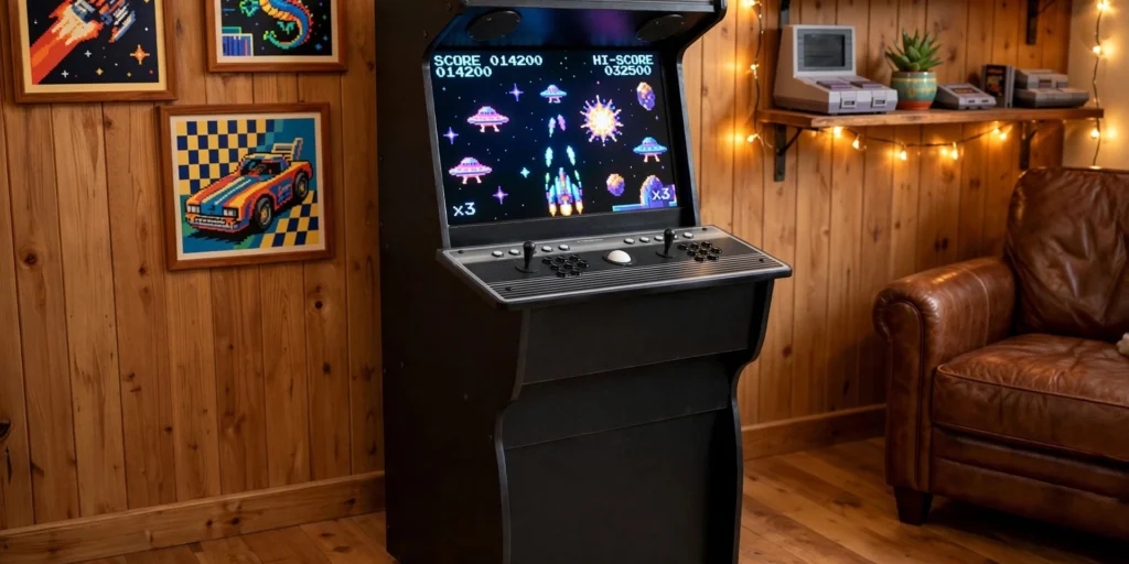 Xtension arcade cabinet in a home game room