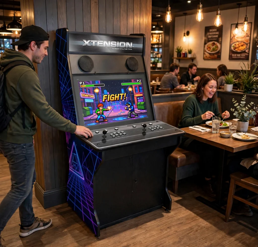 Xtension sit-down arcade cabinet with neon-grid artwork in a restaurant