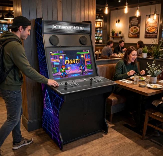 Xtension sit-down arcade cabinet with neon-grid artwork in a restaurant