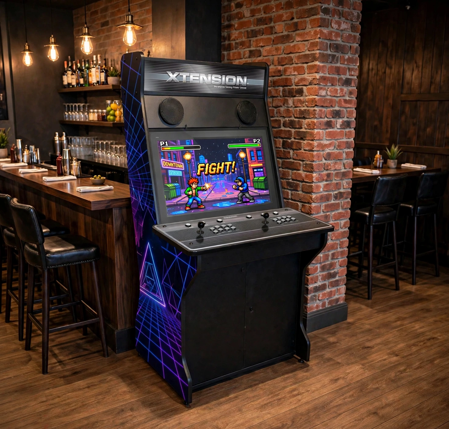 Xtension arcade cabinet placed in an empty bar corner