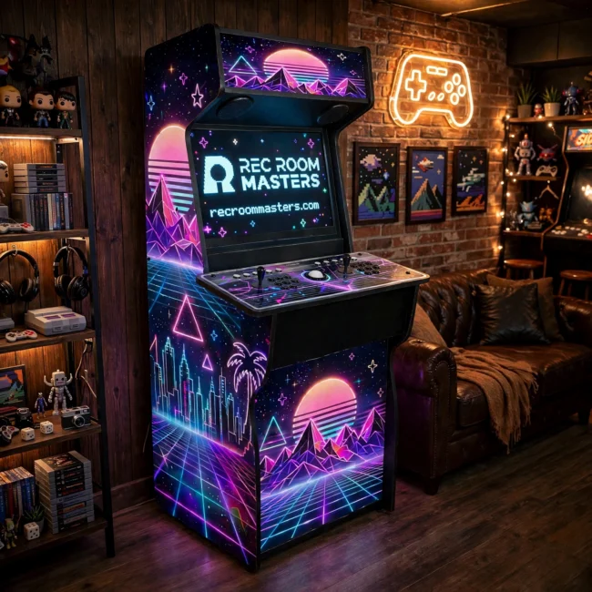 Xtension arcade cabinet with synthwave artwork in a home game room