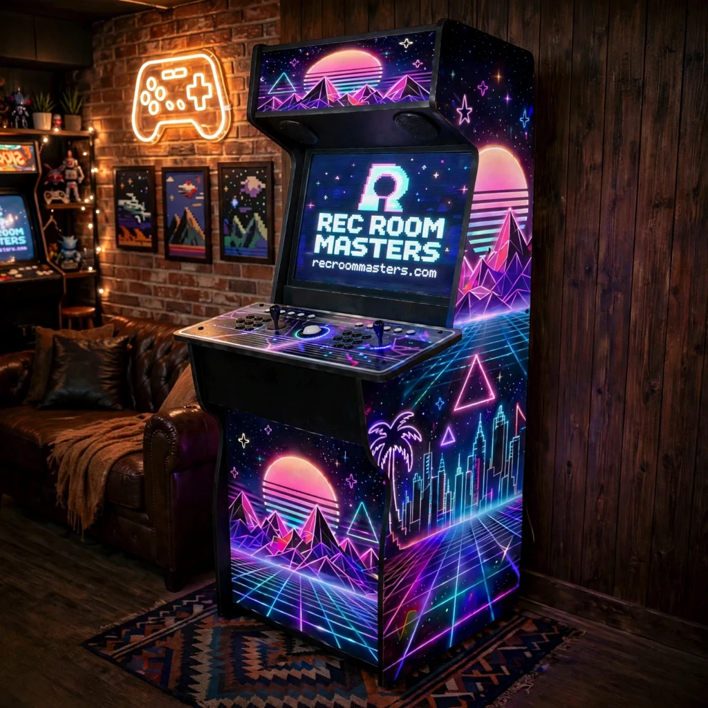 Xtension arcade cabinet with synthwave side artwork in a man-cave game room
