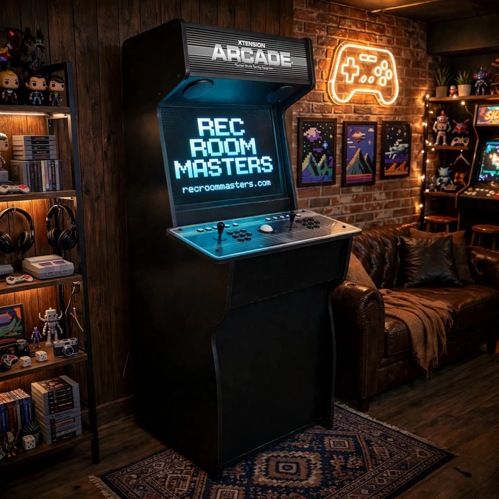 Plain black Xtension arcade cabinet with Rec Room Masters logo on screen in a man-cave game room