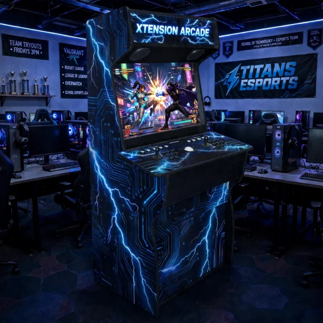 Xtension arcade cabinet with esports lightning artwork in a school esports lab