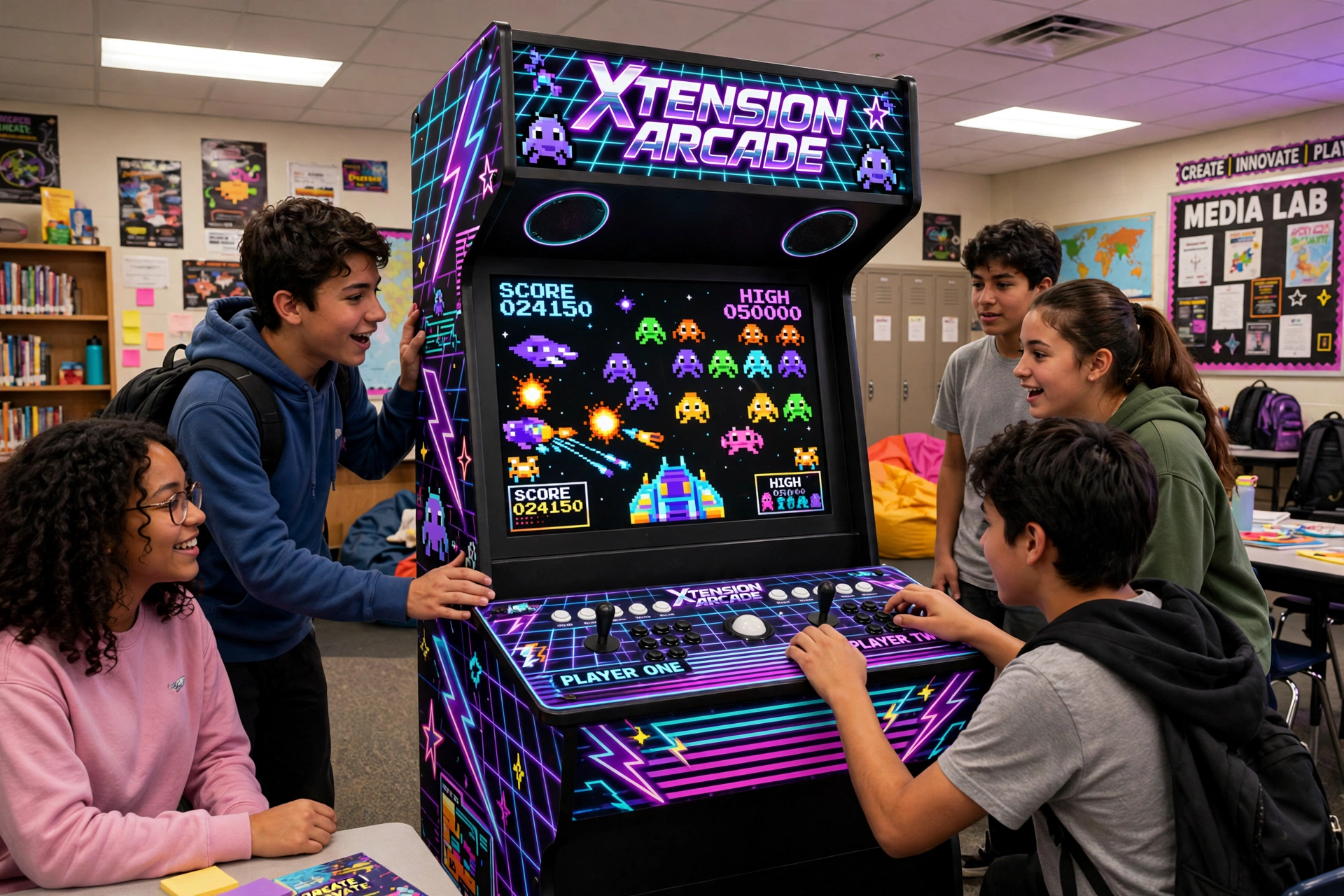 Xtension arcade cabinet with retro arcade artwork surrounded by students in a school media lab