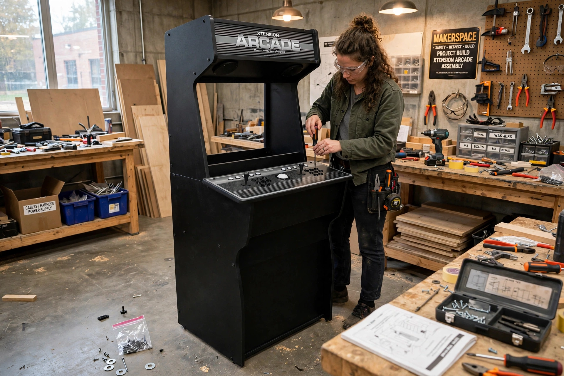 Xtension arcade cabinet being assembled in a school makerspace workshop